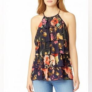 Finn & Grace Floral Halter Neck Tiered Ruffle Sleeveless Top Size Medium